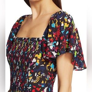 Tanya Taylor Glenda Smocked Silk Midi Dress